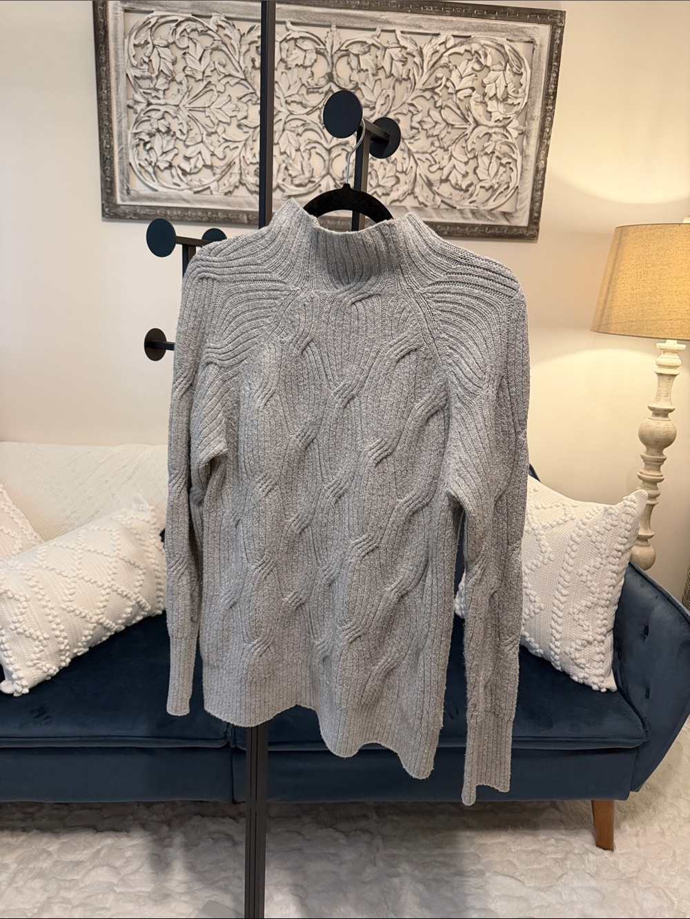 Amazon Essentials Light Gray Cable Knit Turtleneck Sweater